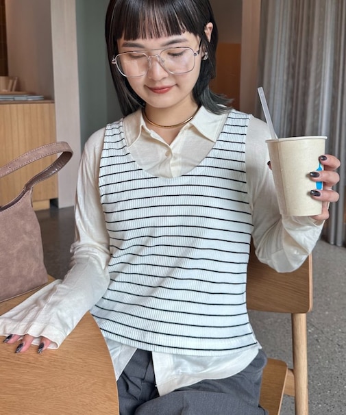 【CIAOPANIC TYPY】ボーダータンクレイヤード襟付きシアーカットシャツ