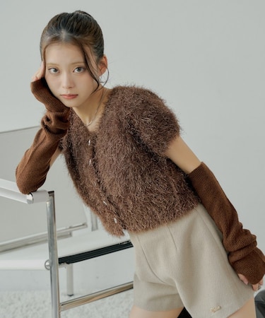 【Chico】リブアームウォーマー付シャギー半袖ニット