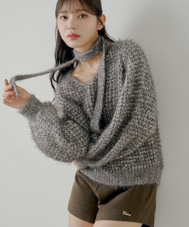 【Chico】タイ付きメランジルーズニット