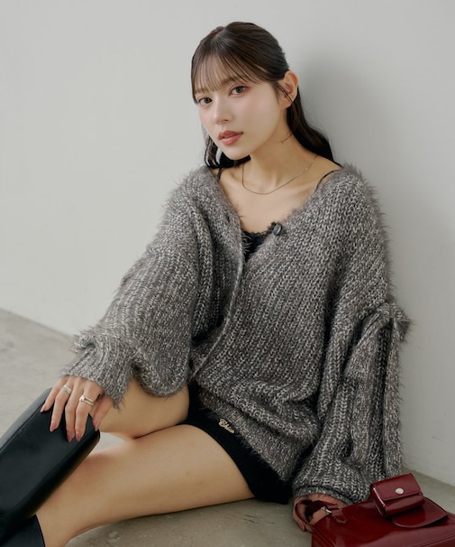 【Chico】袖リボンルーズリブカーディガン