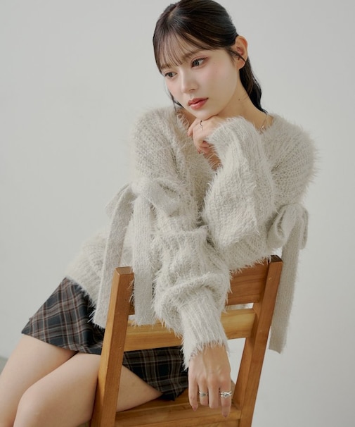 【Chico】袖リボンルーズリブカーディガン