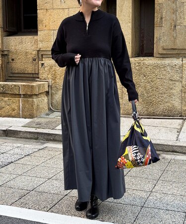 異素材ドッキングハーフジップワンピース