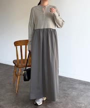 異素材ドッキングハーフジップワンピース