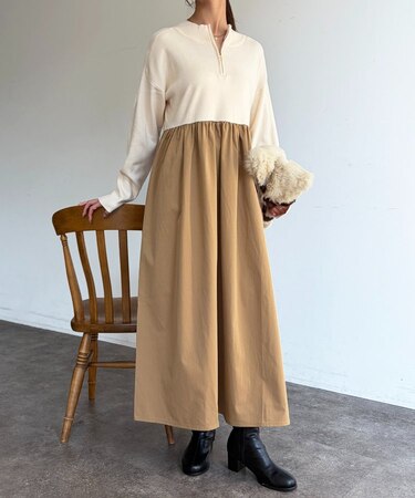 異素材ドッキングハーフジップワンピース