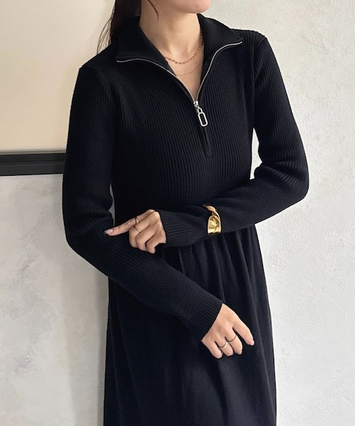 ハーフジップリブニットフレアワンピース