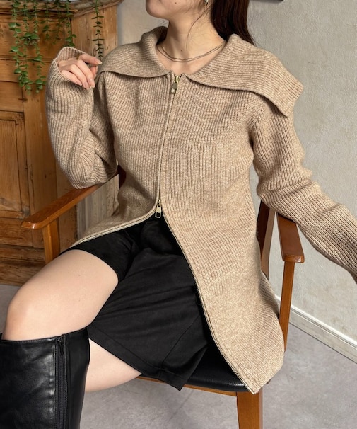 襟付きWジップチュニックカーディガン