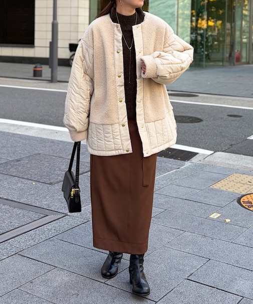 ボア×ストライプキルティングコート