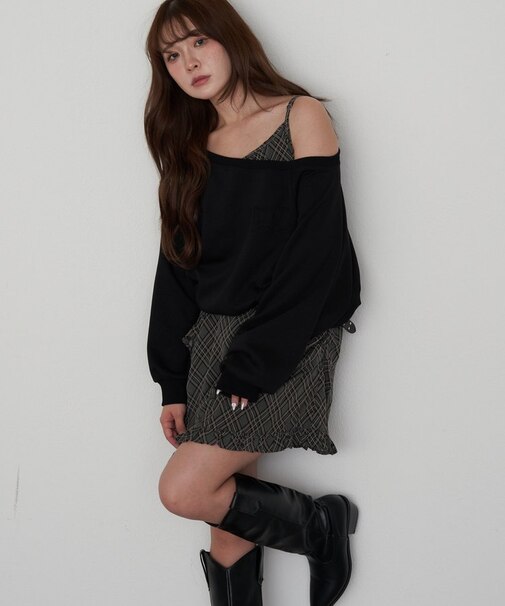 【RAY CASSIN】オフショルスウェットレイヤードチェックワンピース