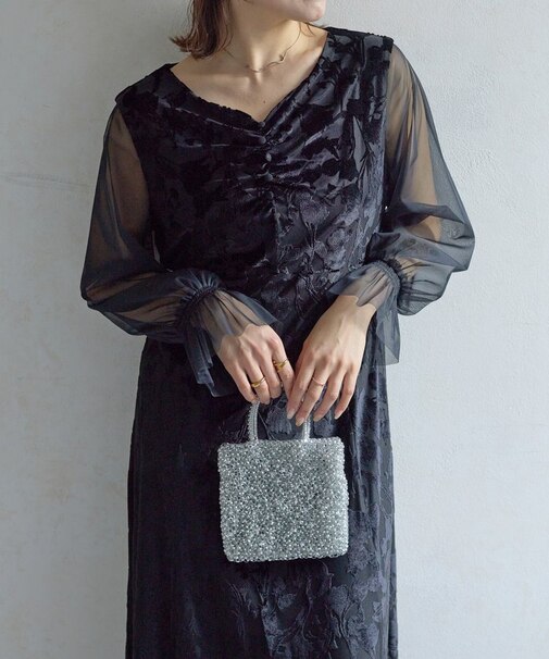 袖シアーオパールレースワンピース