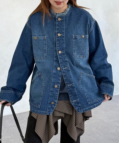 ノーカラーフリンジカバーオール