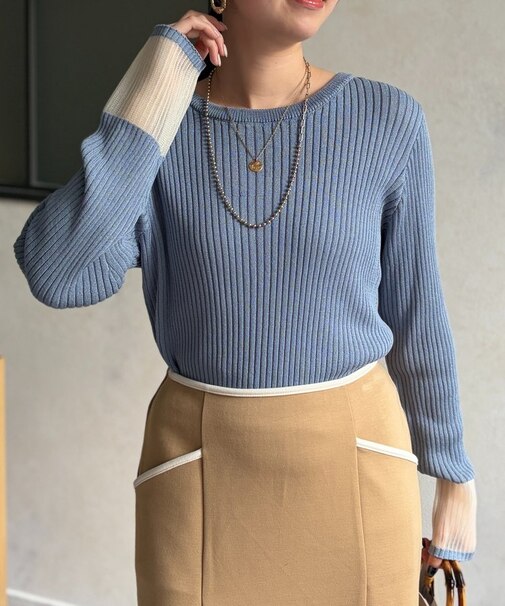 袖先オーガンジーリブニット