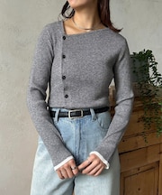 アシメネックボタンリブニットプルオーバー