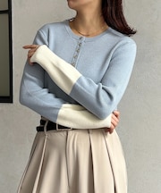 袖先配色ヘンリーネックニット