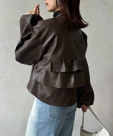 バックフリルWジップ合皮ジャケット