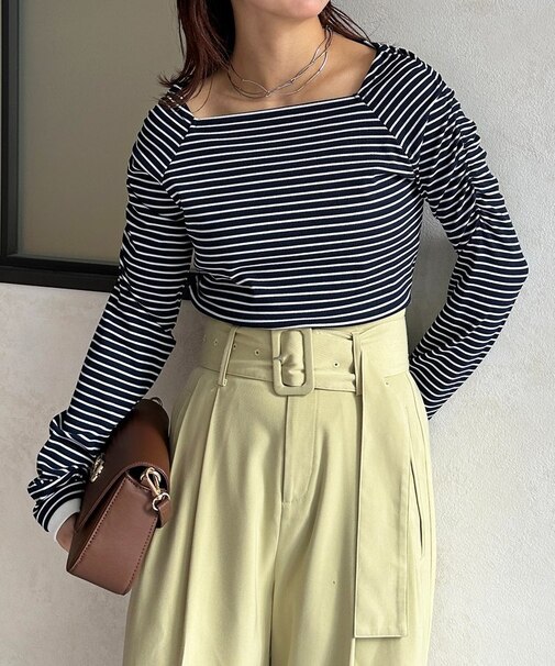 スクエアネックパフスリーブリブプルオーバー