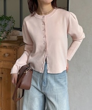 クリアボタン肩タックニットカーディガン