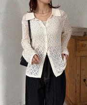 透かし編み襟付きカーディガン