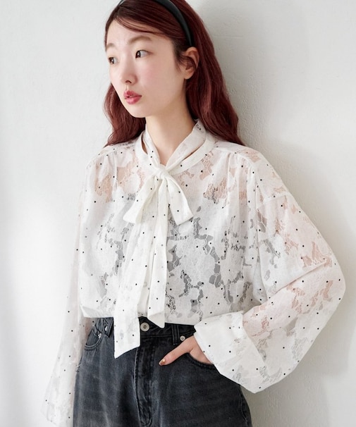 【Kastane】ドットレースボウタイブラウス