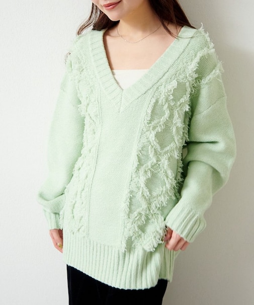 【Kastane】ケーブルフリンジVネックニット