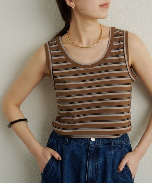 【Omekashi】ランダムリブボーダータンクトップ