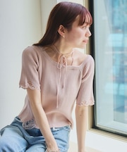 【Kastane】ダメージクロシェリブ半袖ニット