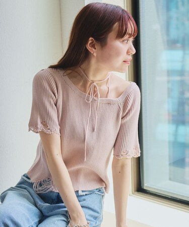 【Kastane】ダメージクロシェリブ半袖ニット