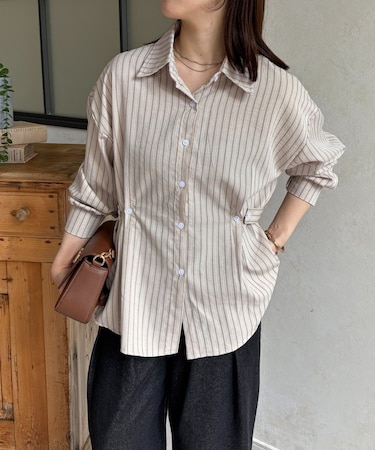 ウエストベルトストライプシャツ