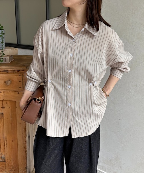 ウエストベルトストライプシャツ