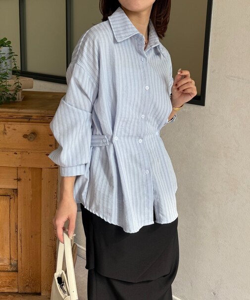 ウエストベルトストライプシャツ