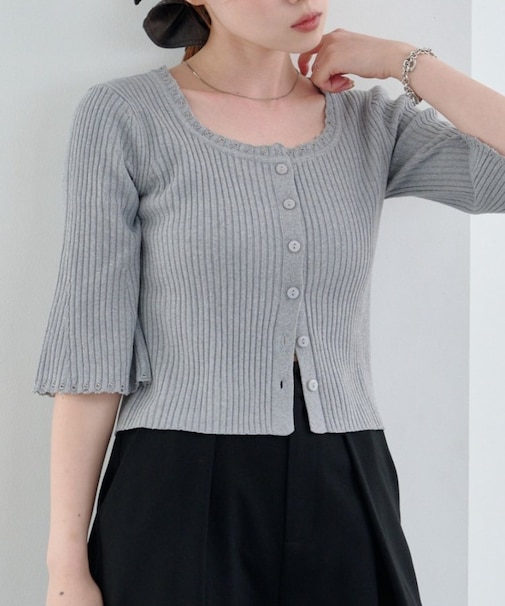 【Kastane】リブニットスクエアレースカーデ