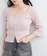 【Kastane】リブニットスクエアレースカーデ