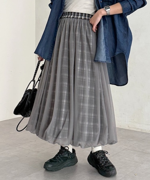 チュールチェックバルーンスカート