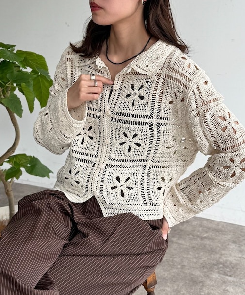 襟付きクロシェカーディガン