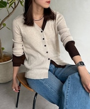 配色Vネックリブカーディガン