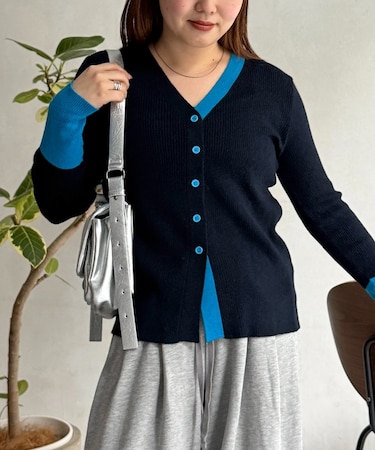 配色Vネックリブカーディガン