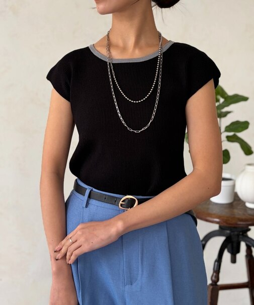 配色フレンチスリーブニット