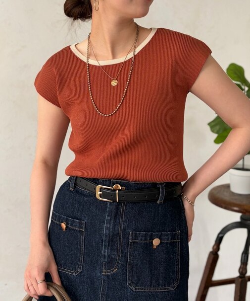 配色フレンチスリーブニット