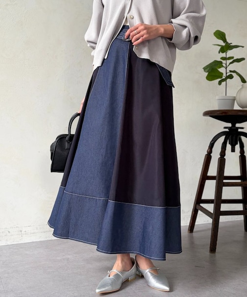 デニム切替フレアスカート