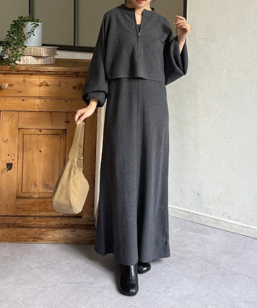 クルーネックハーフジップニットアップ