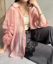 ラメワッシャー袖シャーリングシアーシャツ