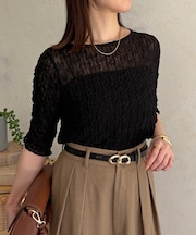 ウェーブ柄5分袖シアープルオーバー