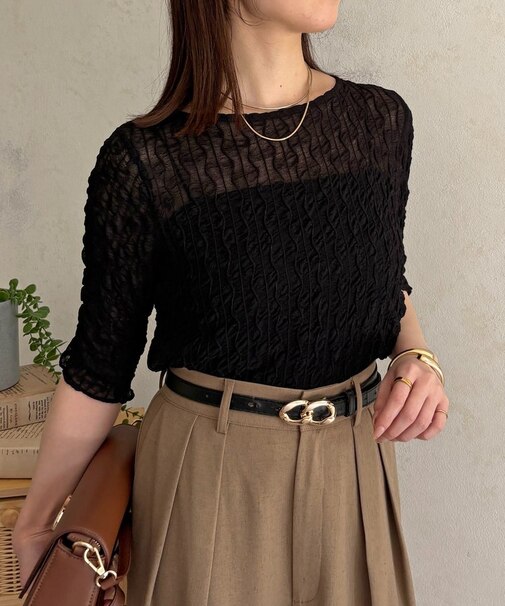 ウェーブ柄5分袖シアープルオーバー