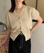 バイカラー5分袖ショートパフカーディガン