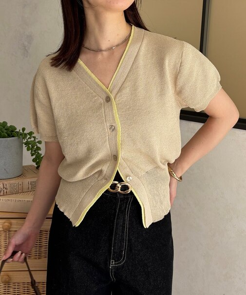 バイカラー5分袖ショートパフカーディガン