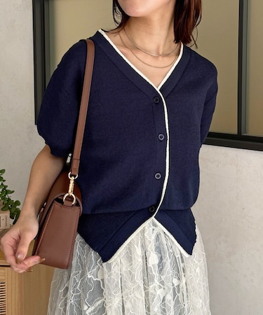 バイカラー5分袖ショートパフカーディガン