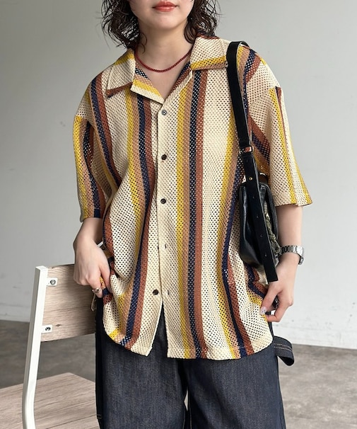 カラミストライプ半袖開襟シャツ