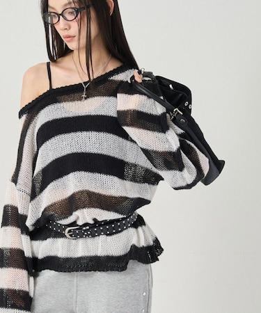 【WHO'S WHO gallery】ワイドボーダーメッシュニット