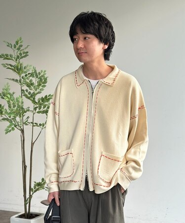 配色ステッチニットジップカーデ