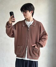 配色ステッチニットジップカーデ