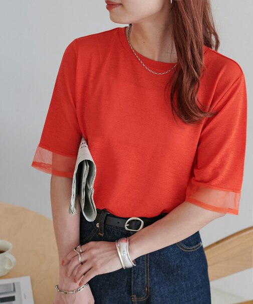 【Discoat】シアー袖切替5分袖